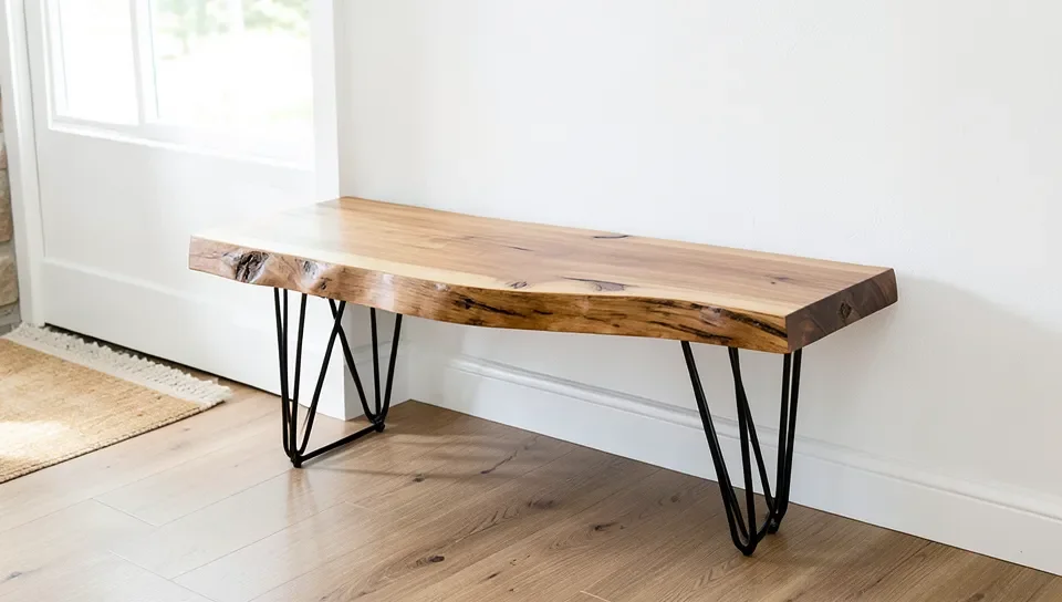 Finished live-edge wood slab bench with hairpin legs in an entryway