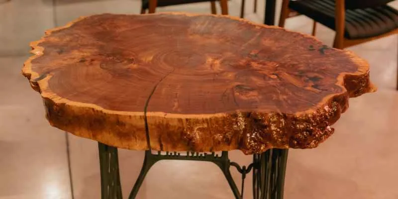 Round live edge wood slab showing natural bark edge and grain pattern, finished and mounted on metal legs