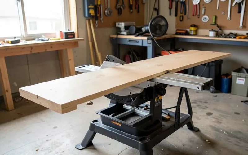 long wooden board supported level by a fold-out miter saw wing extension on a portable stand long wooden board supported level by a fold-out miter saw wing extension on a portable stand