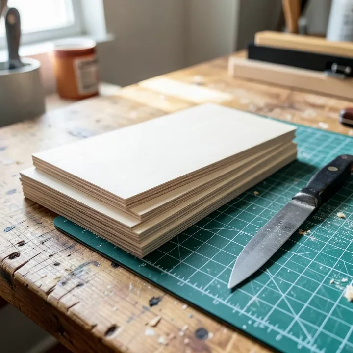 stacked thin balsa wood sheets next to a hobby knife and cutting mat