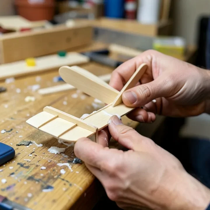 hands assembling a balsa wood model airplane wing frame with wood glue