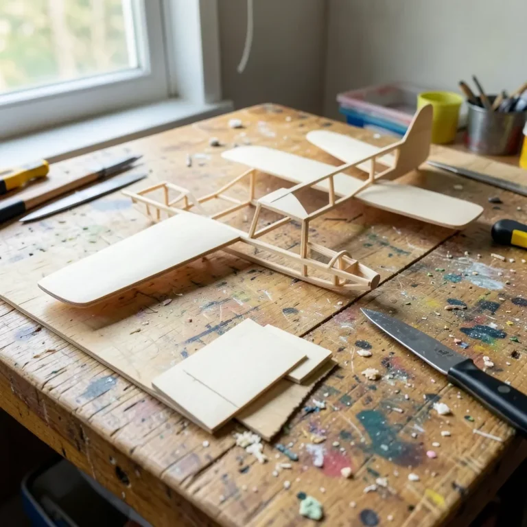 Balsa wood sheets and a partially built model airplane frame on a workbench