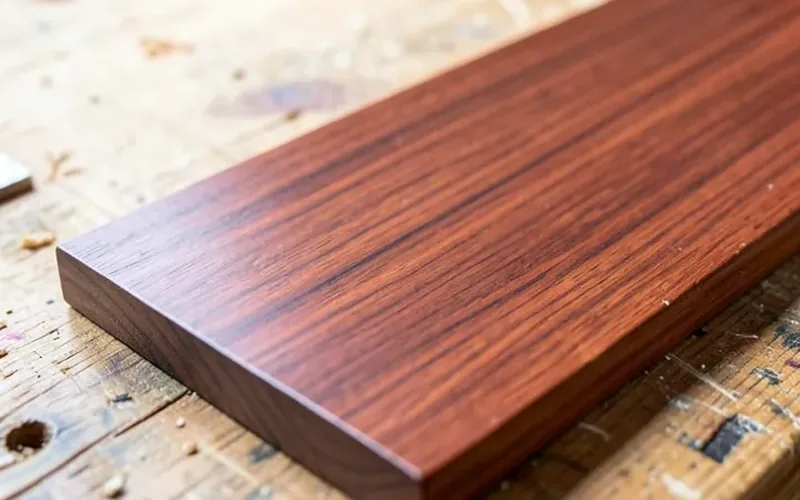 Close-up of a mahogany board showing fine straight grain on a workshop bench Close-up of a mahogany board showing fine straight grain on a workshop bench