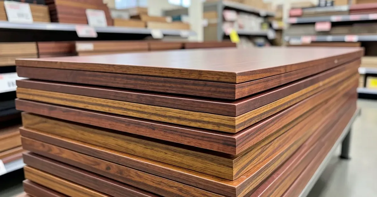 Stacked reddish mahogany boards on display in a home improvement store lumber aisle