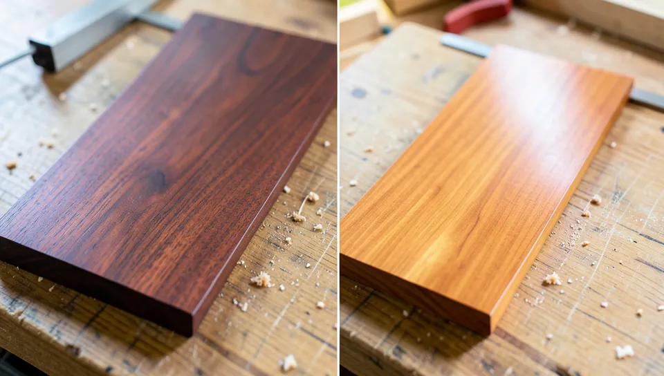 Side-by-side comparison of finished mahogany and cherry wood boards showing color and grain differences