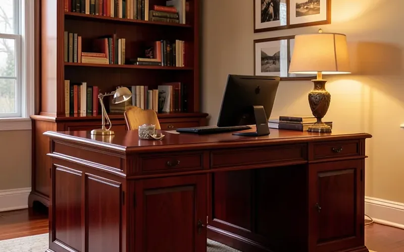 dark wood executive desk in a home office next to a bookshelf dark wood executive desk in a home office next to a bookshelf