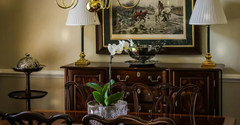 Antique mahogany dining room sideboard and chairs with a traditional polished finish