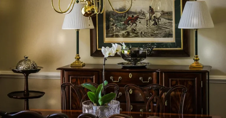 Mahogany dining room furniture, sideboard and chairs with a glossy finish