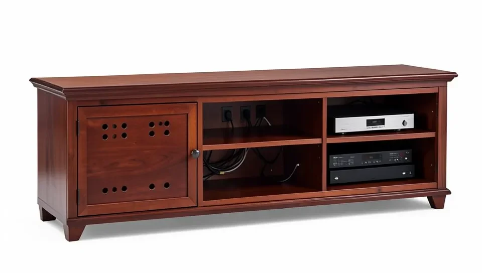 Mahogany entertainment center showing cable management design