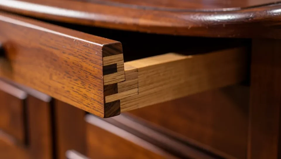 Mahogany furniture drawer showing dovetail joinery