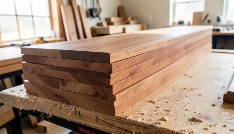 Stacked mahogany lumber boards in a woodworking shop