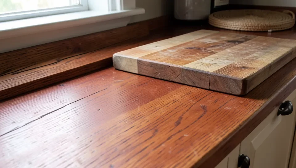 Reddish-brown wood kitchen countertop with grain visible