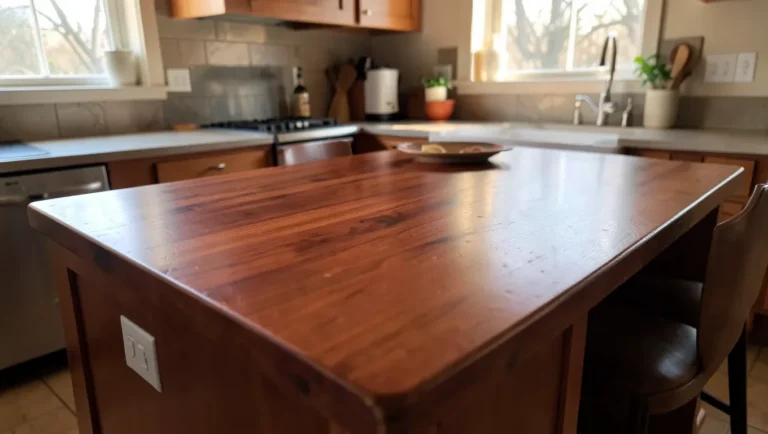 Mahogany-toned wood kitchen island countertop