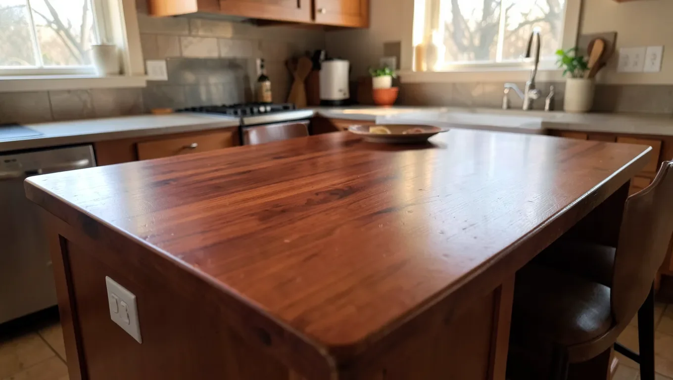 Mahogany-toned wood kitchen island countertop