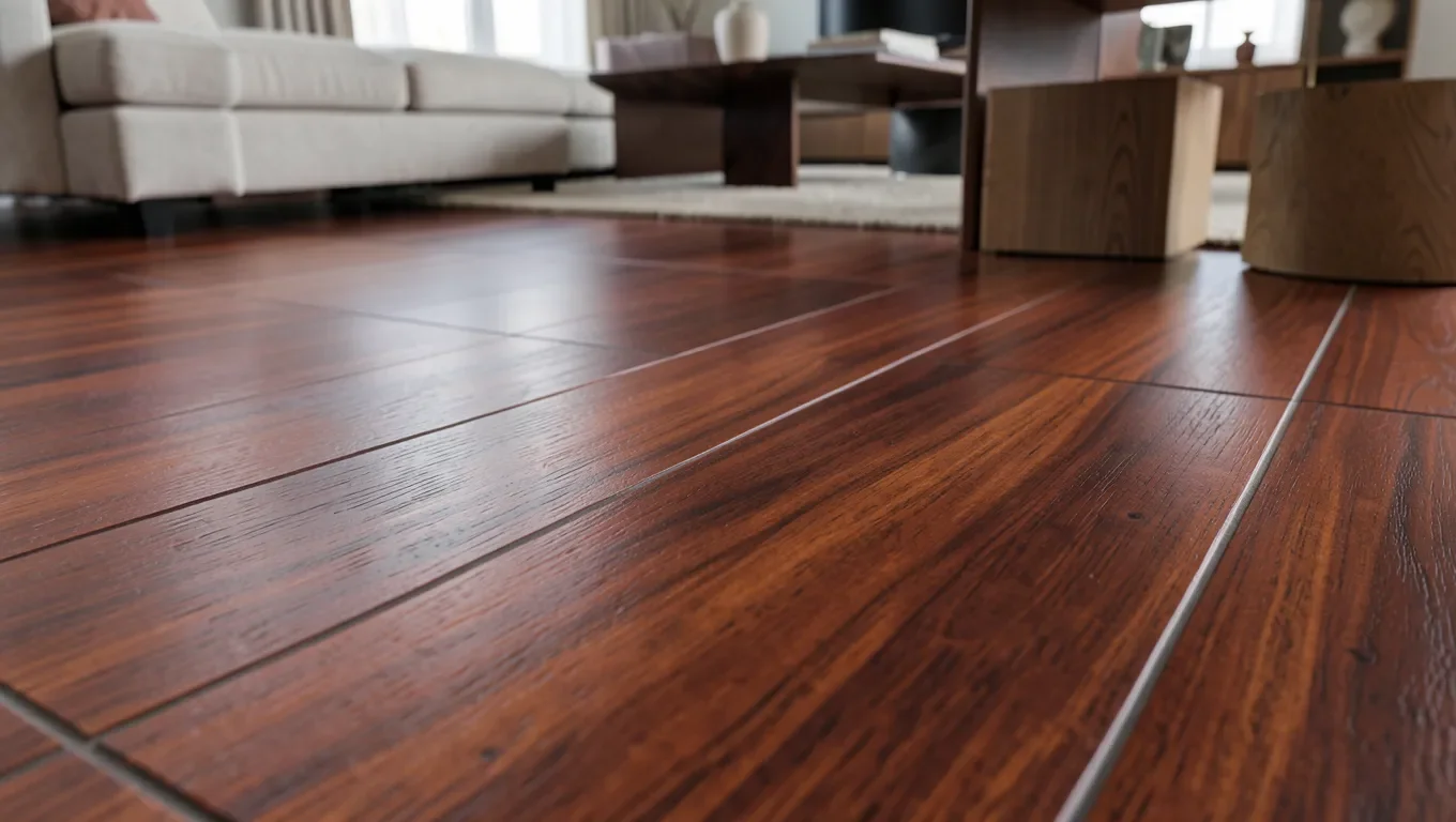 Mahogany-look porcelain plank tile flooring with realistic wood grain texture