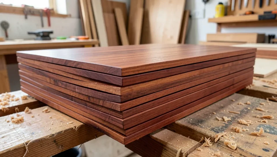 Stacked mahogany lumber boards in a wood shop