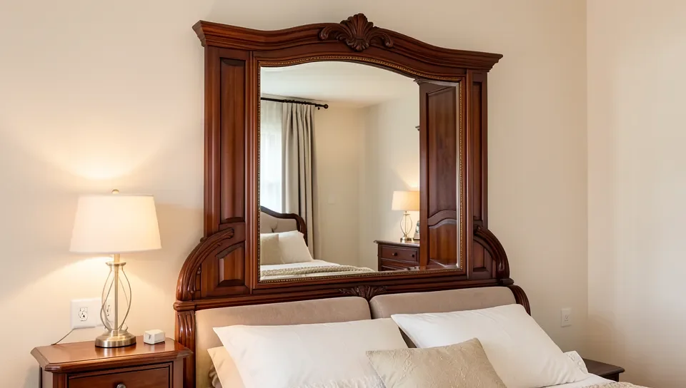 Mahogany-framed mirror in a bedroom