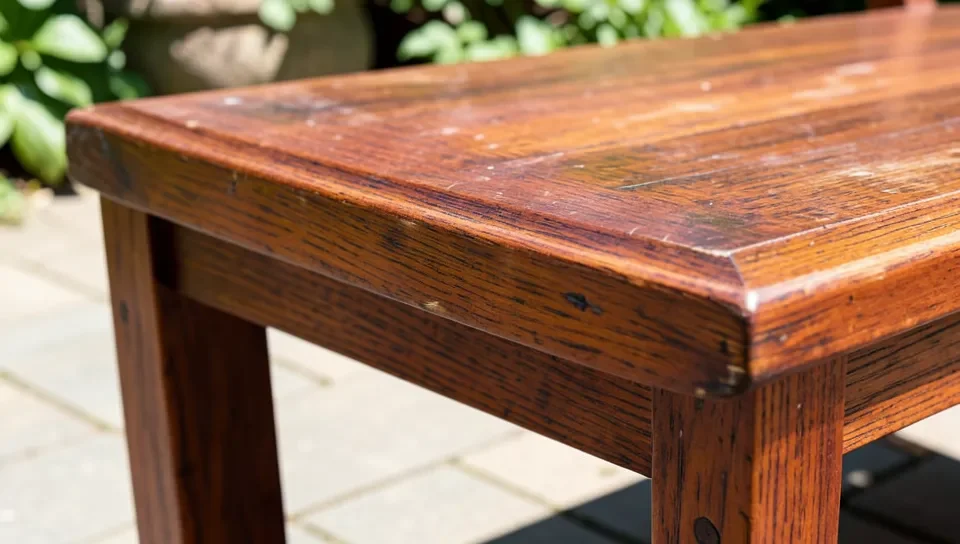 Mahogany outdoor furniture showing natural weathering over time