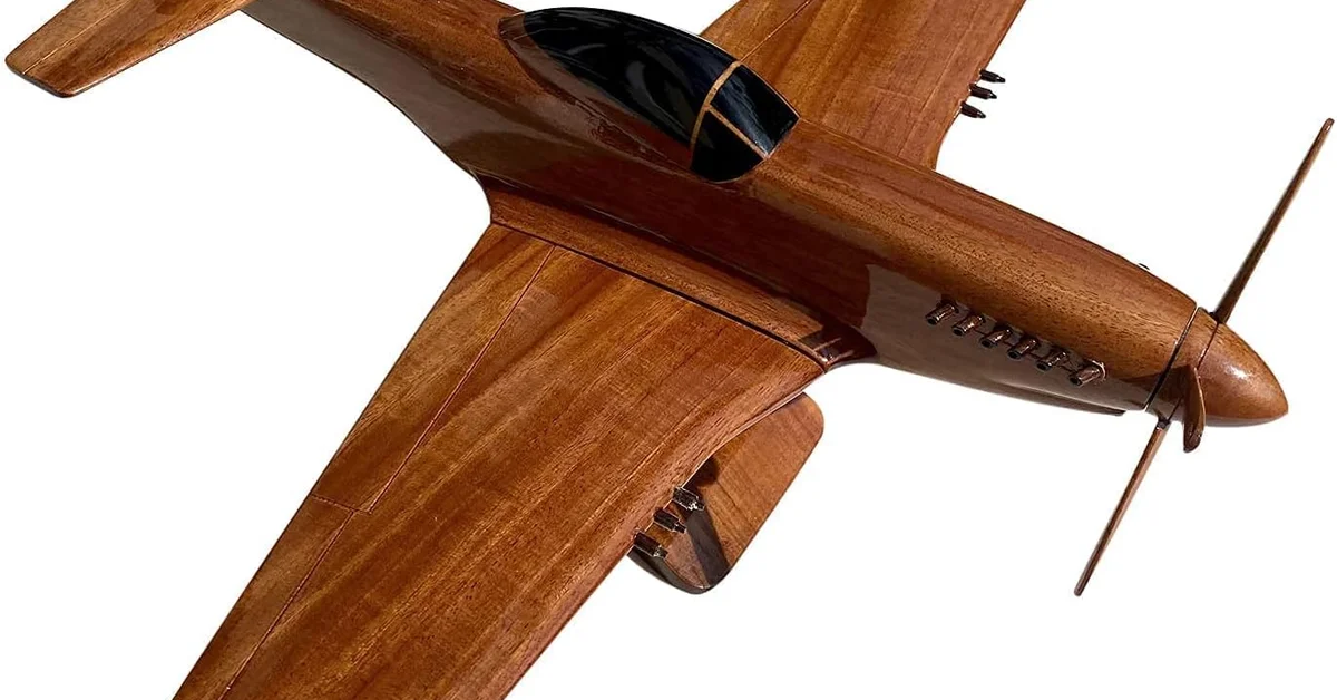 Hand-carved solid mahogany P-51 Mustang desktop airplane model