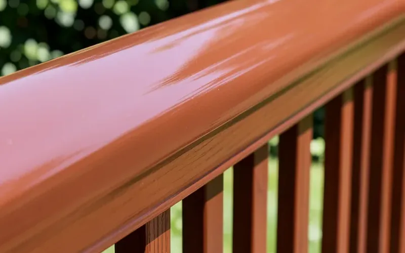 Close-up of a mahogany-colored wood deck railing with a semi-gloss painted finish outdoors