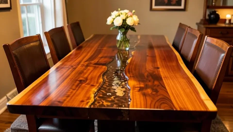 Live-edge mahogany slab table with a clear epoxy river
