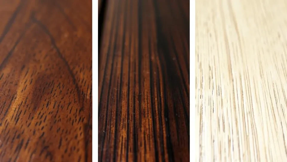 Three wood samples showing color differences between mahogany species