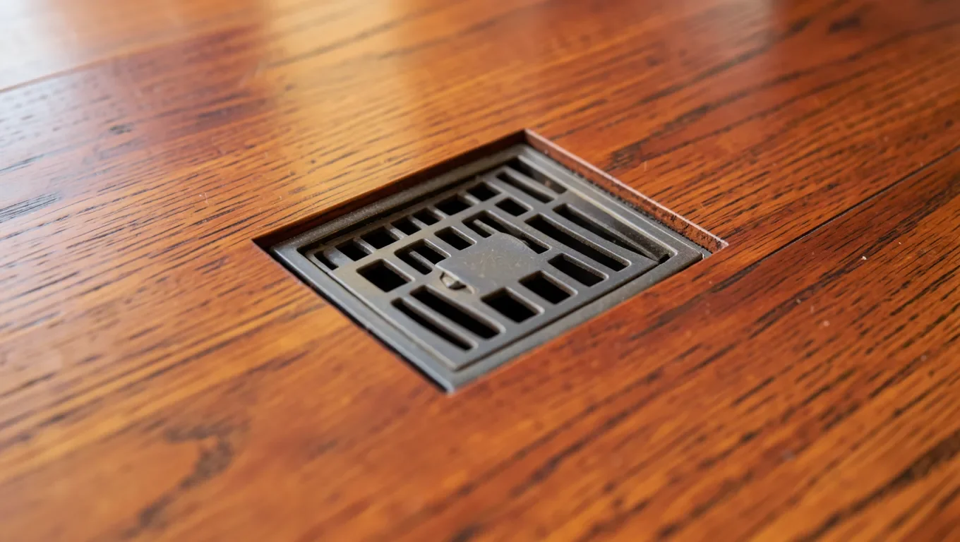 Mahogany-stained wood floor vent register set into hardwood flooring