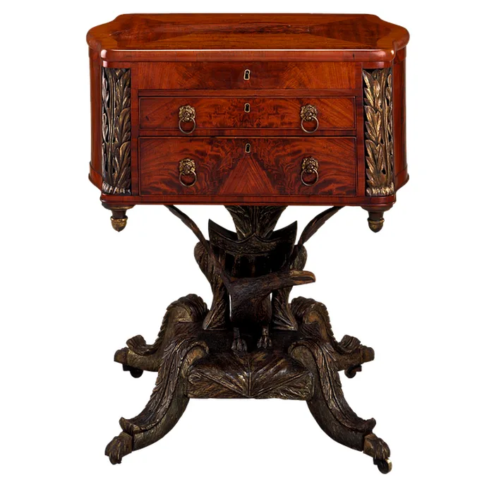 Ornate mahogany-stained wood side table showing the rich reddish-brown color and grain a dark mahogany oil stain produces