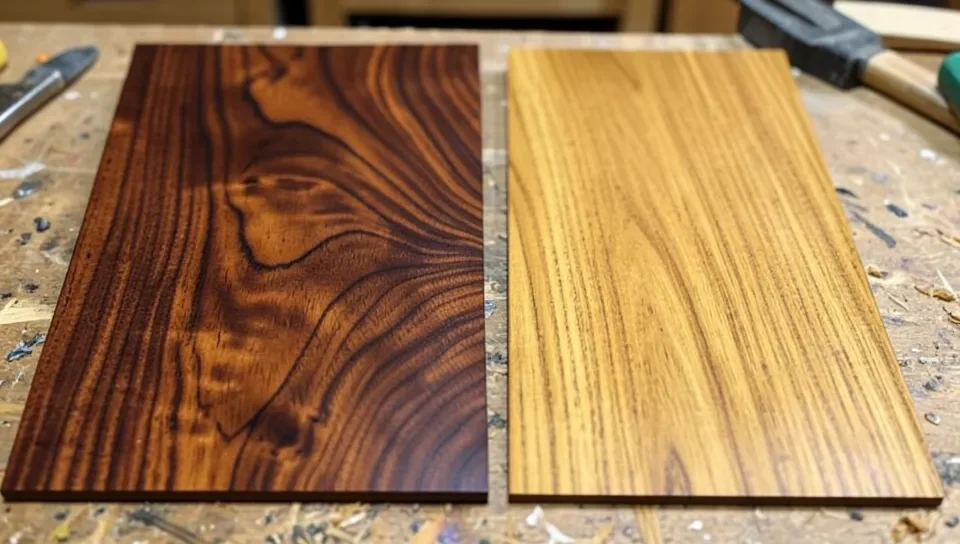 Genuine mahogany wood sample compared to stained oak