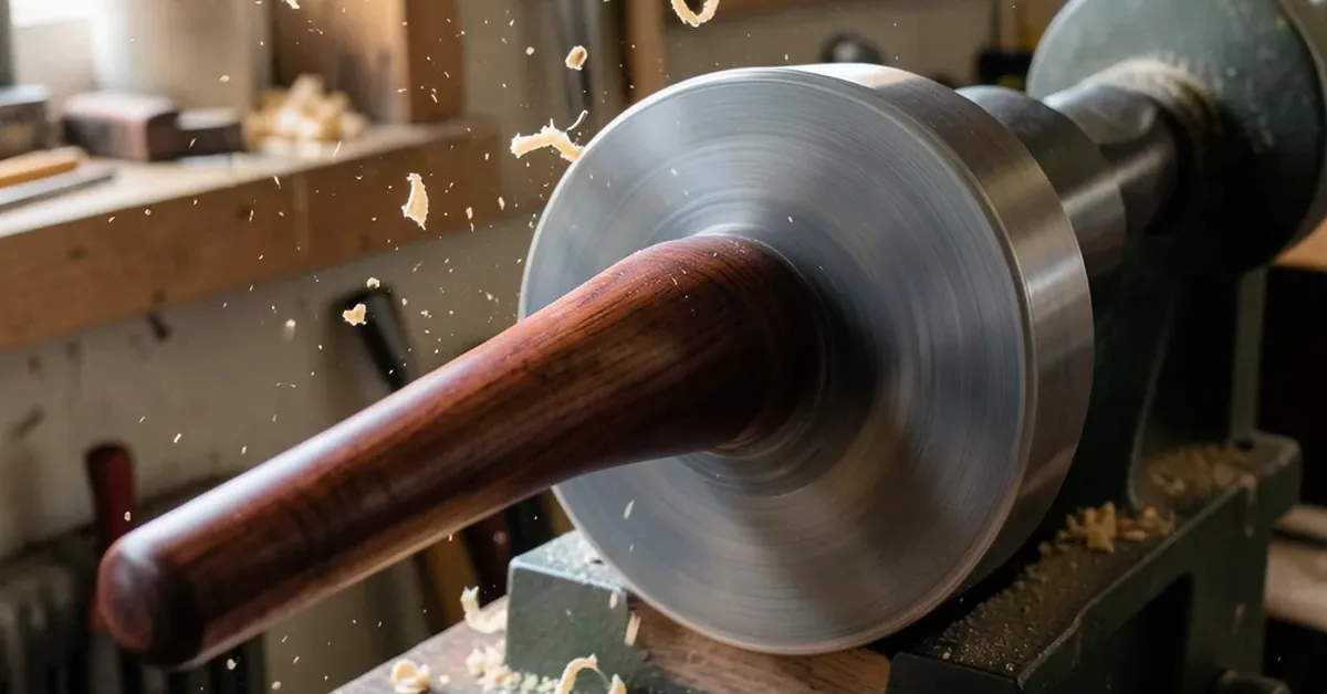 A mahogany rod being turned into a wand shape on a wood lathe, shavings flying A mahogany rod being turned into a wand shape on a wood lathe, shavings flying
