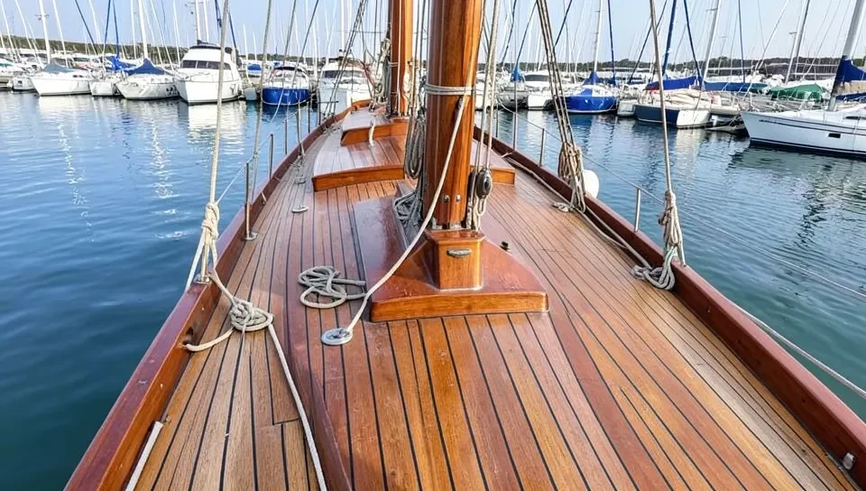 Classic wooden boat with mahogany deck trim