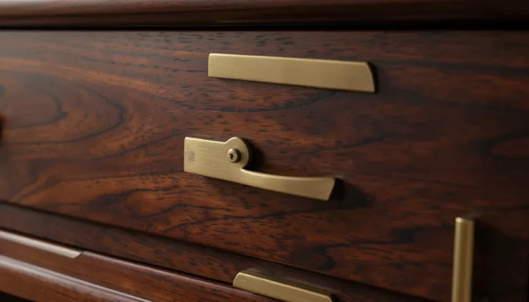 Mahogany wood grain with brass hardware detail
