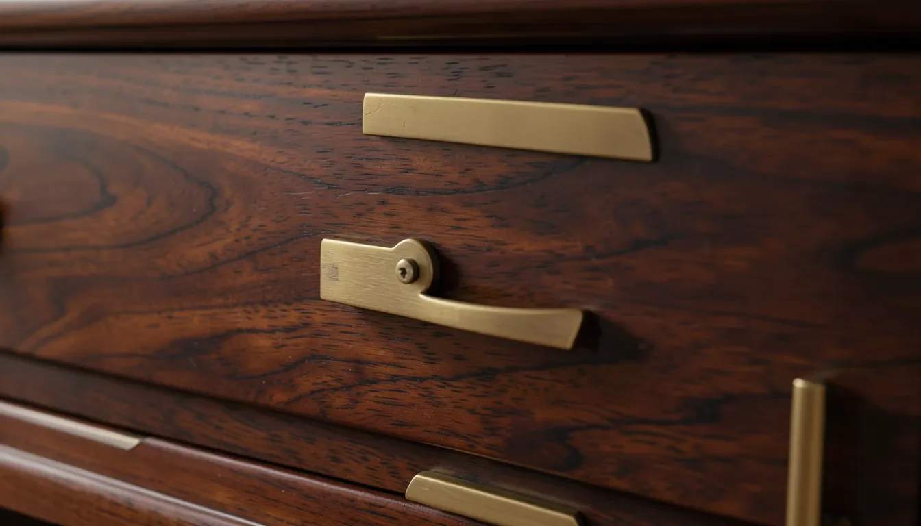 Mahogany wood grain with brass hardware detail