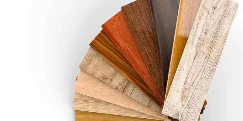 Fan of wood finish swatches showing mahogany color range