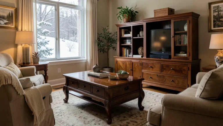 Mahogany wood furniture in a living room with winter scene outside