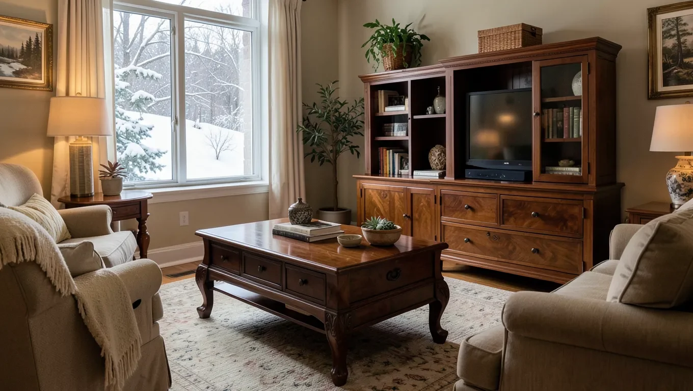 Mahogany wood furniture in a living room with winter scene outside