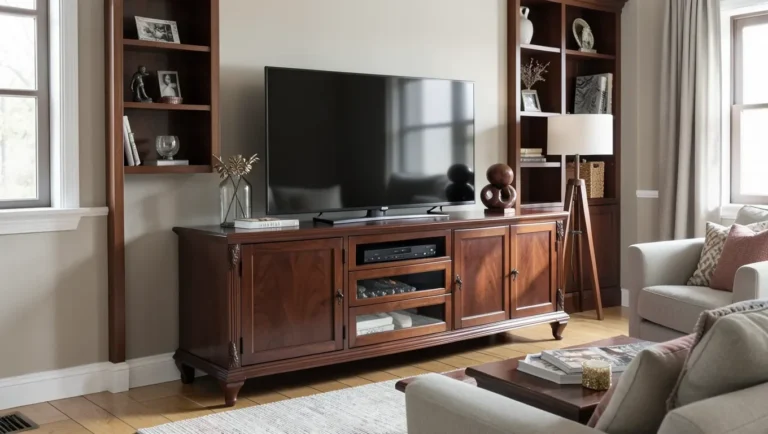 Mahogany wood entertainment center with TV in a living room