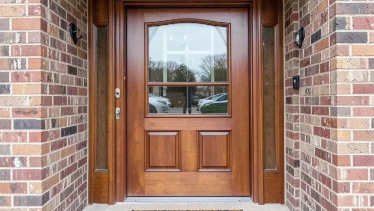 Mahogany wood front door with glass panel on a brick entrance