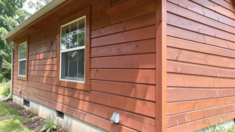 Home exterior with mahogany wood siding and trim