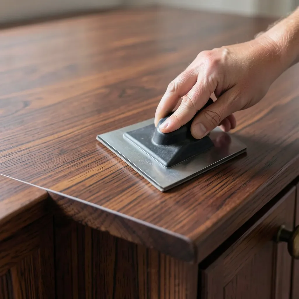 Applying mahogany wood grain contact paper to a cabinet with a squeegee