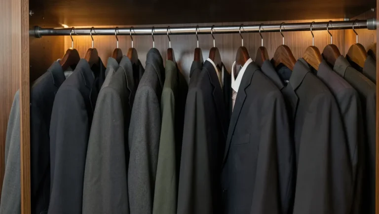 Dark wood suit hangers in an organized closet
