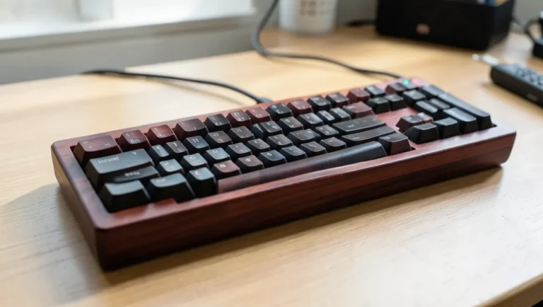 Wooden mechanical keyboard with mahogany-toned case