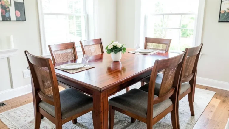 Mahogany wood dining table in a bright room