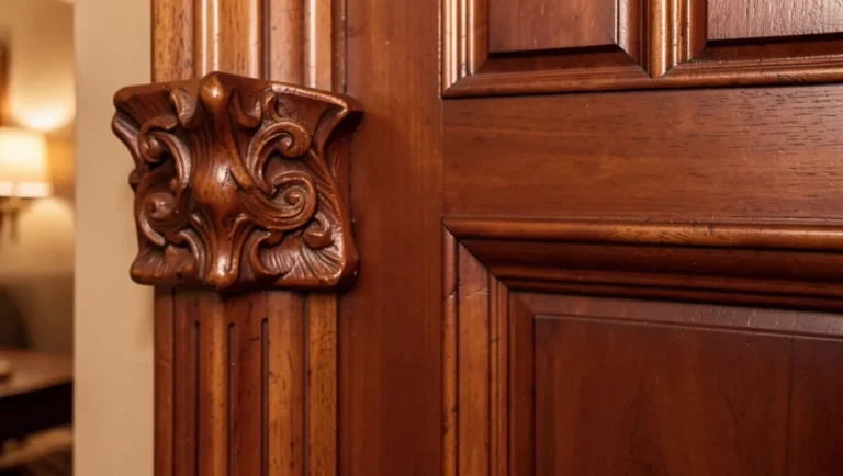 Mahogany door trim with decorative rosette corner blocks