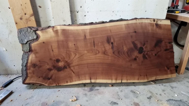 Raw live-edge mahogany wood slab with natural bark edge