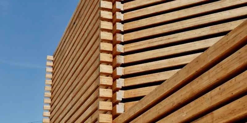 Mahogany wood slat exterior siding on a building facade