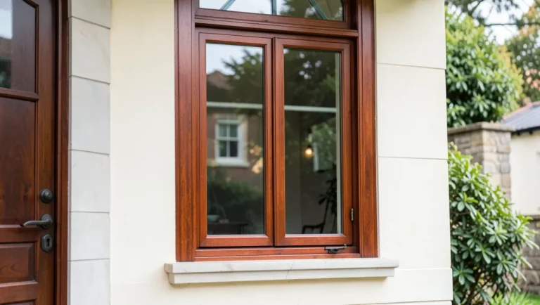 Mahogany wood window frame on a home exterior