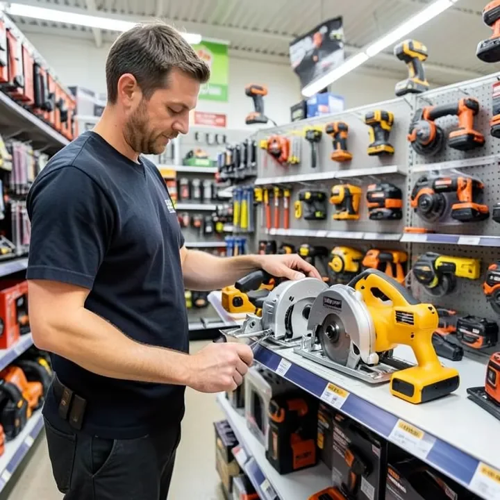 Shopper comparing circular saw models on a hardware store tool aisle shelf