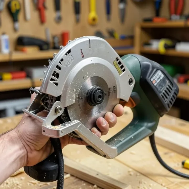 Carpenter holding a cordless circular saw with the battery pack attached