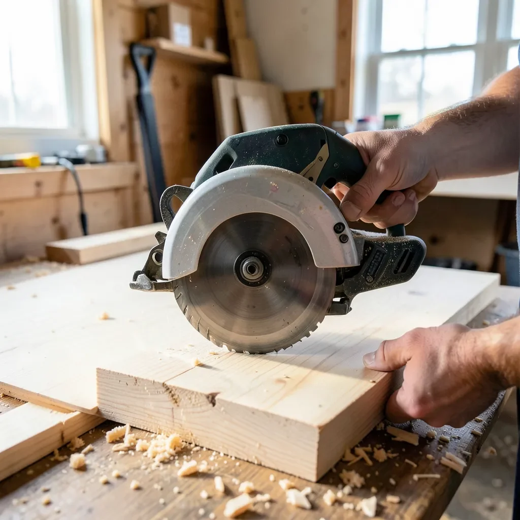 Cordless circular saw cutting plywood in a home workshop